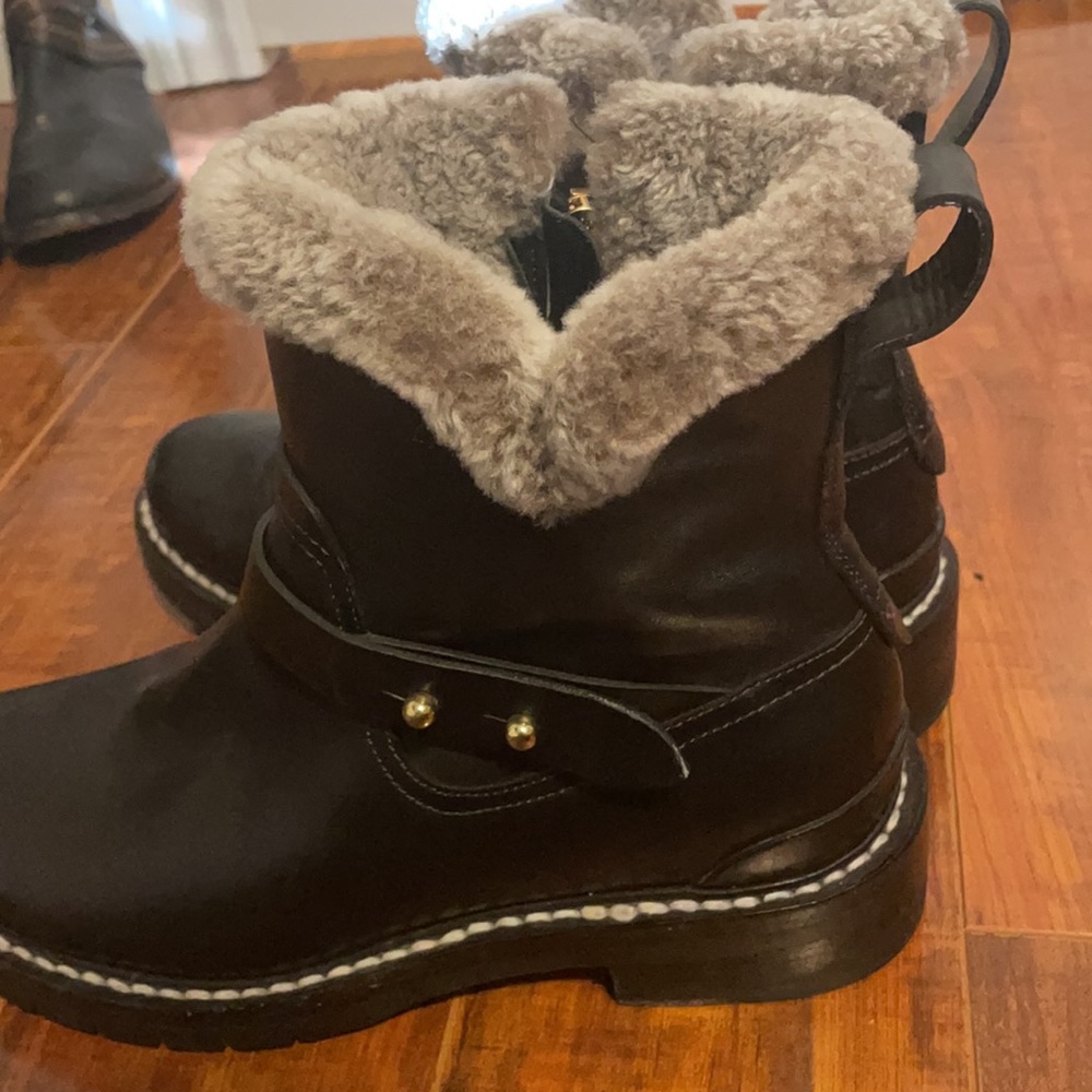 rag & bone Black Leather Combat Boots with Shearling Trim - Picture 4 of 8